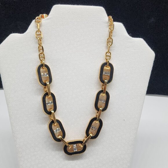 Ann Taylor Bracelet & Necklace Set Inlay Black Leather Gold Tone Chunky Chain VT - Picture 2 of 9
